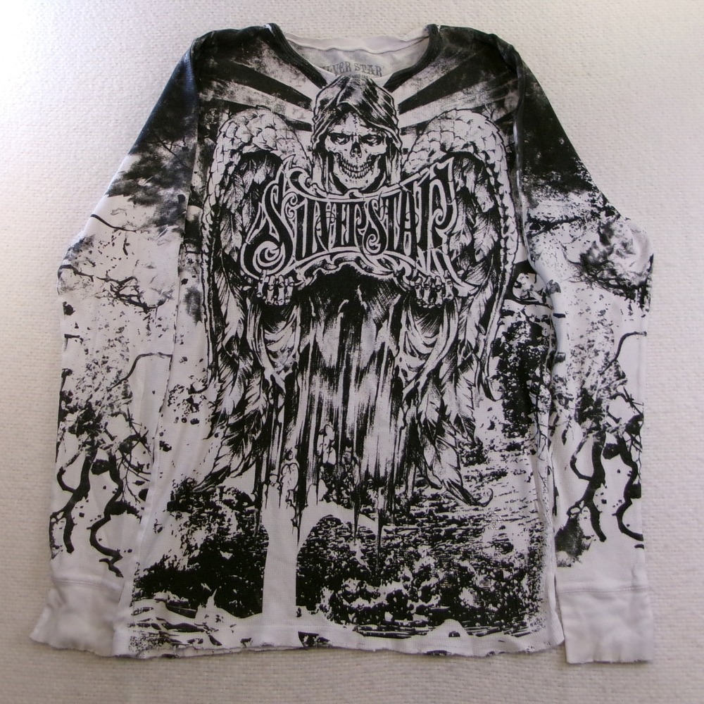 Silver Star Mens XL Thermal Shirt White Black Grim Reaper Graphic Waffle Knit